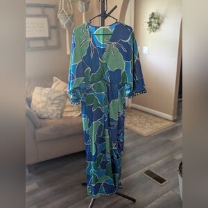 Blue, Purple & Green Leaf Print Maxi Dress with Pom Trim
